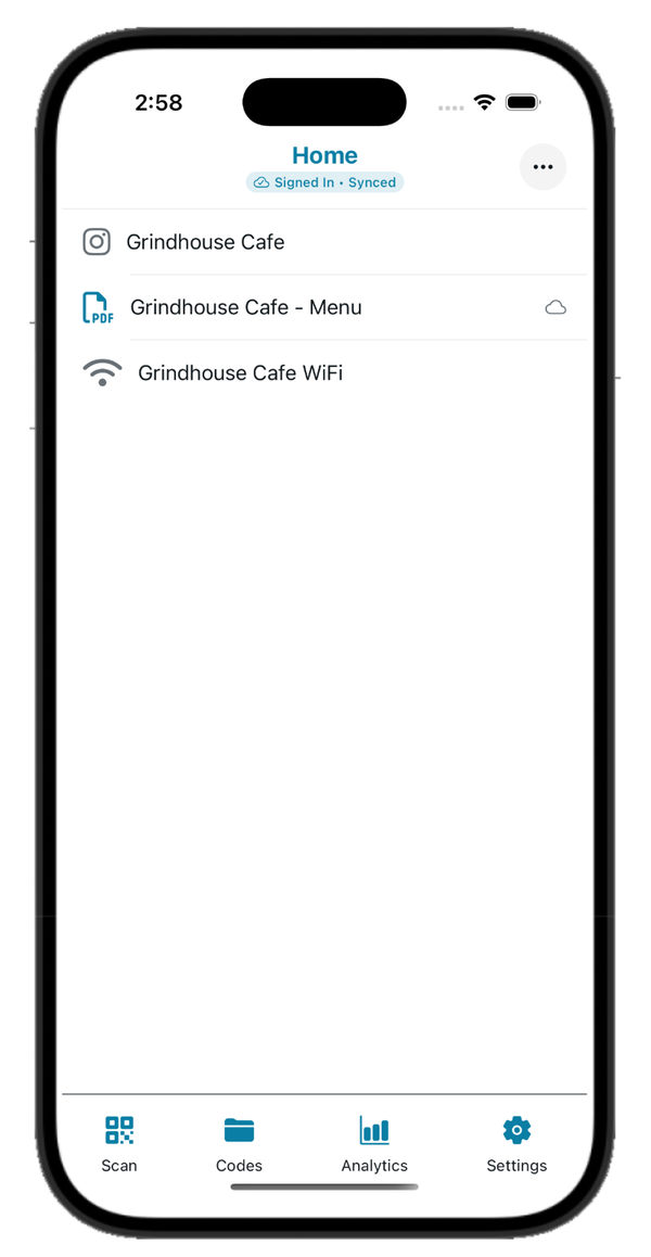 All your QR codes in one place. Home screen with codes listed and sync status
