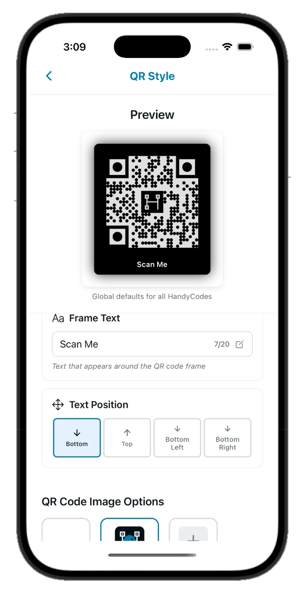 Customize how your QR looks. QR style editor with frame text, position, and image options
